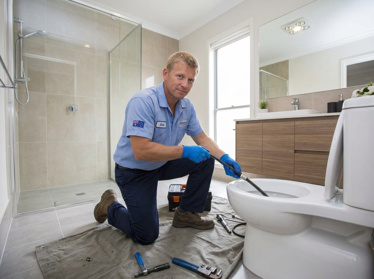 Professional equipment used to clear a blocked sewer drain in a Sydney bathroom